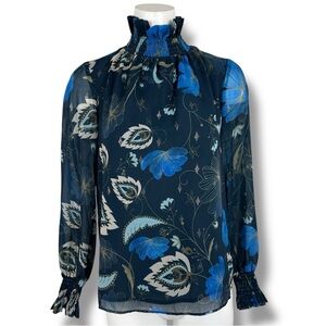 TUCKERNUCK Floral Sadie Blouse Smocked Neck Size XS Blue